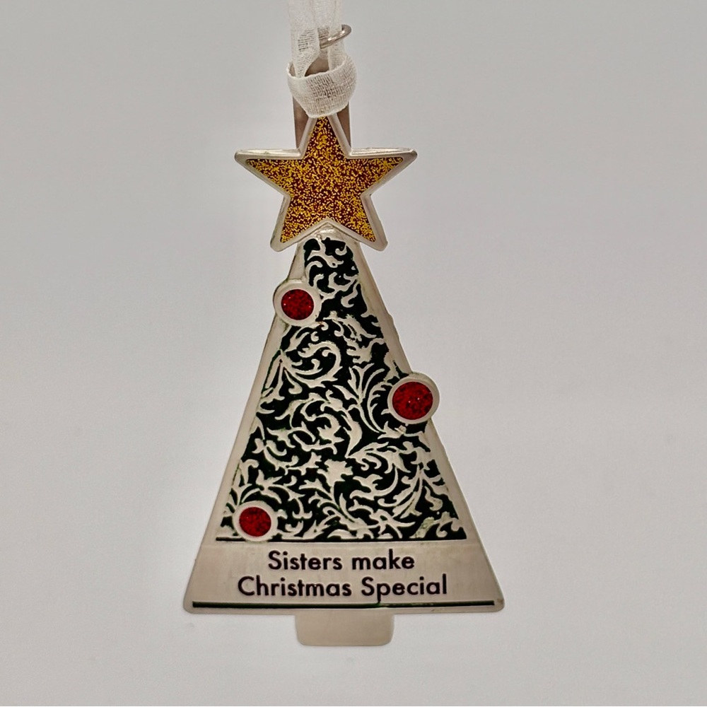Ganz Pewter Sisters Christmas Tree Ornament with Sparkly Star & Red Accents 2020